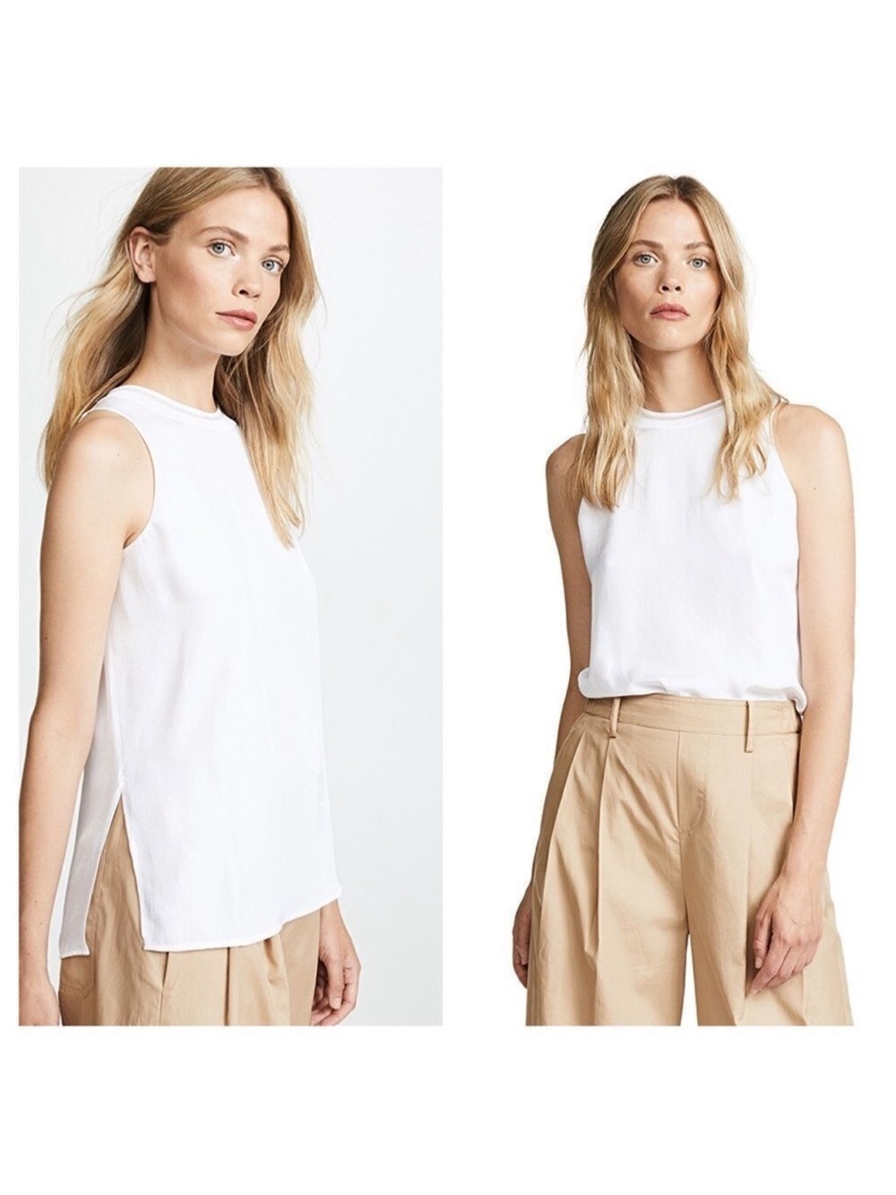 Vince White 100% Silk High-Neck Sleeveless Tank